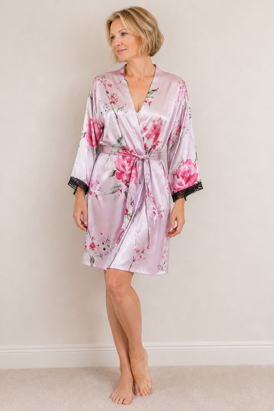 LR4005 Pink Floral Satin Kimono Robe Black Lace Trim Size S CH 4 6 49